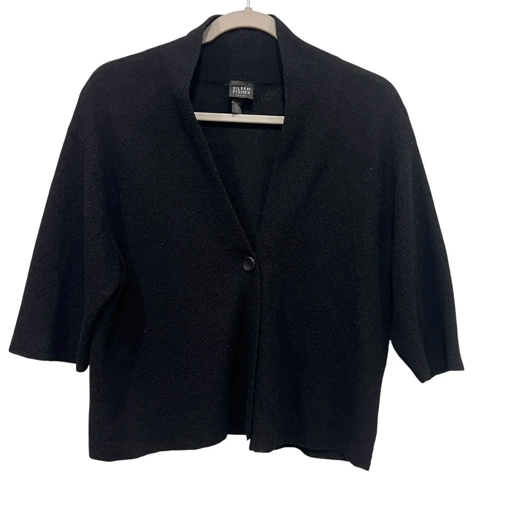 Eileen Fisher Petite Black Knit Wool Cardigan Sweater P L Bolero Shrug - Picture 1 of 8